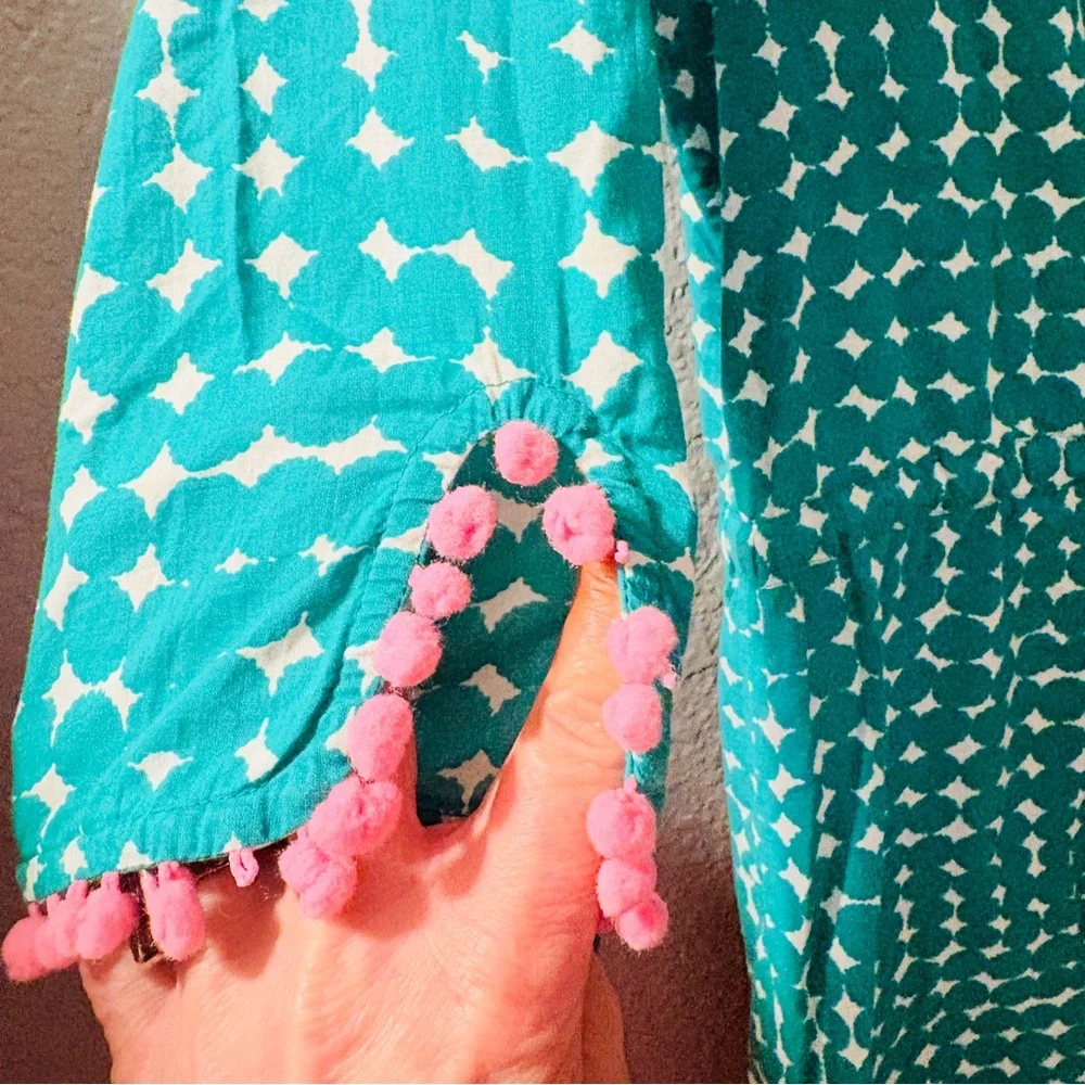 Boden Kelly Green & White Printed Tie-Waist 3/4 Sleeve Dress with Pink Pom Trim - Picture 5 of 13